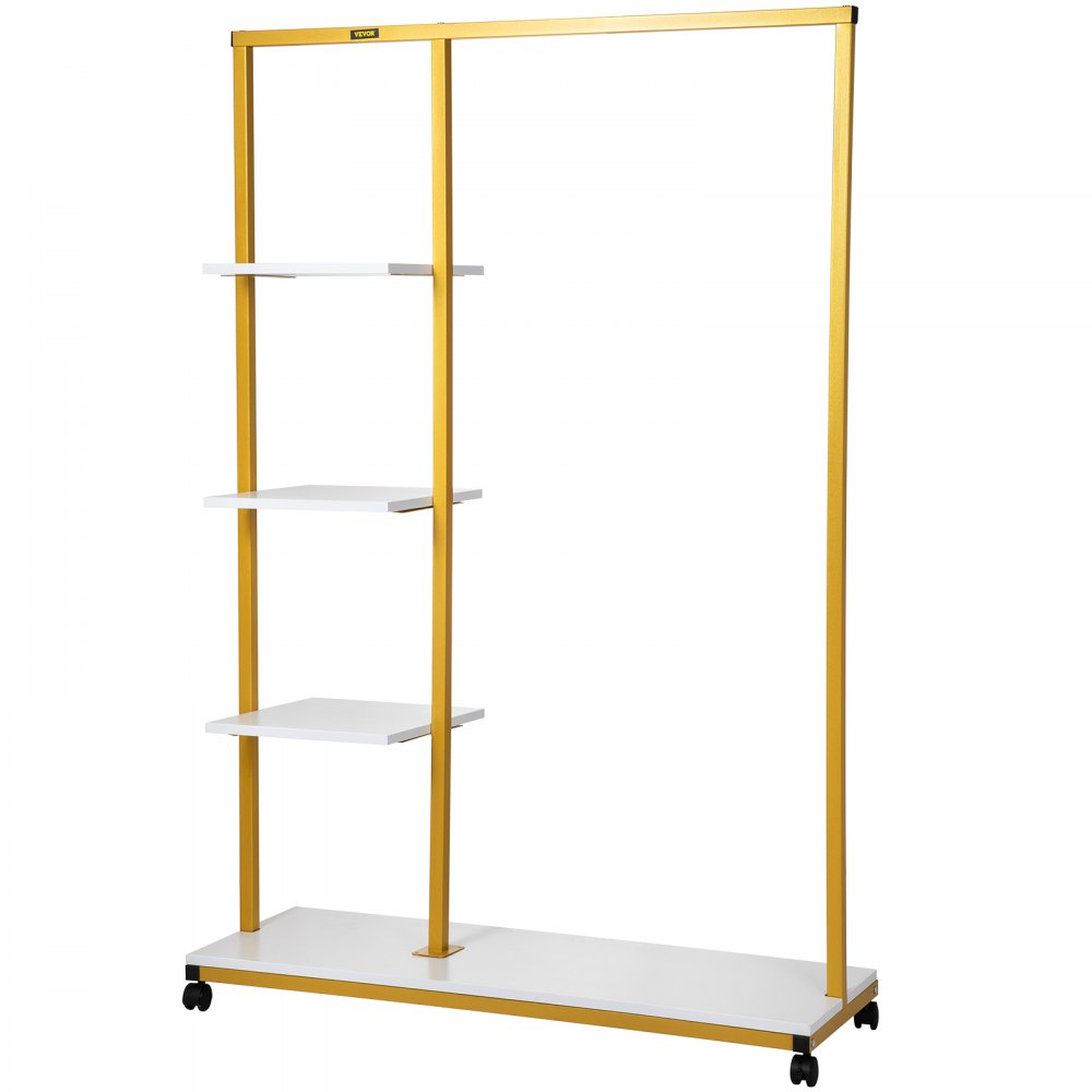 VEVOR Clothing Garment Rack, 39.4"x14.2"x59.1", Heavy-duty Clothes Rack w/ Bottom Shelf & Extra 3 Side Shelves, 4 Swivel Casters, Rolling Clothes Organizer for Laundry Room Retail Store Boutique, Gold