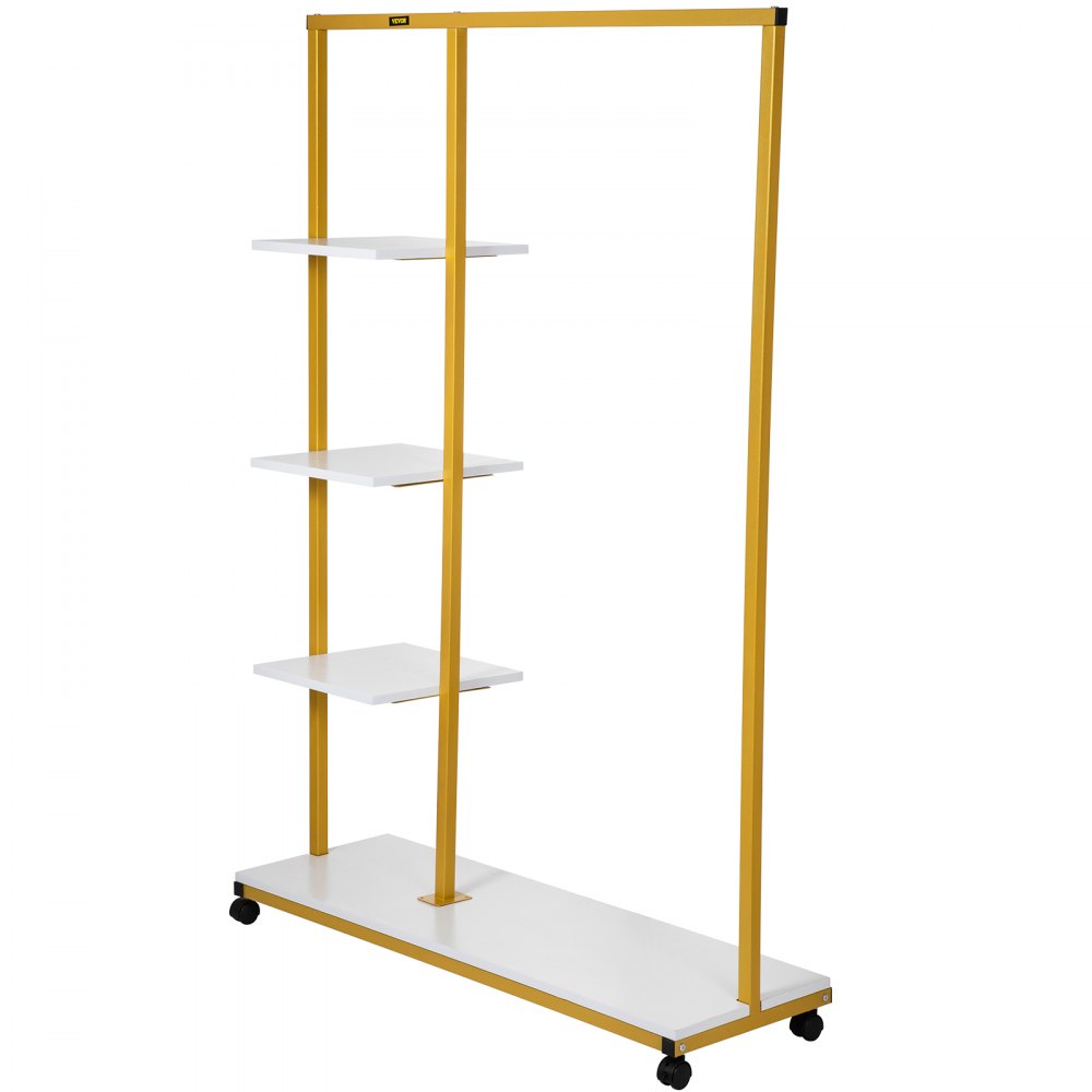 VEVOR Clothing Garment Rack, 39.4"x14.2"x59.1", Heavy-duty Clothes Rack w/ Bottom Shelf & Extra 3 Side Shelves, 4 Swivel Casters, Rolling Clothes Organizer for Laundry Room Retail Store Boutique, Gold
