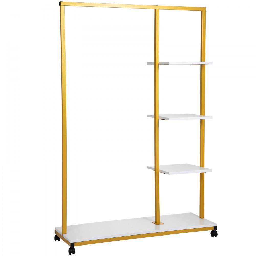 VEVOR Clothing Garment Rack, 39.4"x14.2"x59.1", Heavy-duty Clothes Rack w/ Bottom Shelf & Extra 3 Side Shelves, 4 Swivel Casters, Rolling Clothes Organizer for Laundry Room Retail Store Boutique, Gold