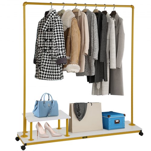VEVOR Clothing Garment Rack, 59.1"x14.2"x63.0", Heavy-Duty Clothes Rack w/Bottom Shelf & Side Shelf, 4 Swivel Casters, Sturdy Steel Frame, Rolling Clothes Organizer for Retail Store Boutique, Gold