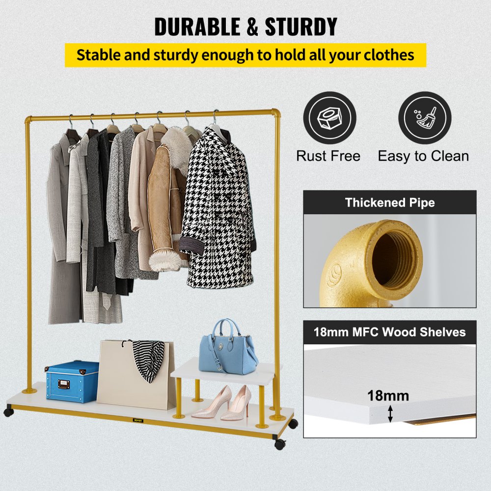 VEVOR clothing garment rack with thickened pipe, 18mm mfc wood shelves, and storage for clothes and accessories.