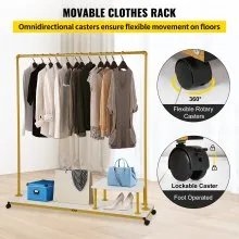 VEVOR Clothing Garment Rack, 59.1"x14.2"x63.0", Heavy-Duty Clothes Rack w/Bottom Shelf & Side Shelf, 4 Swivel Casters, Sturdy Steel Frame, Rolling Clothes Organizer for Retail Store Boutique, Gold