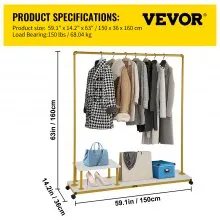 VEVOR Clothing Garment Rack, 59.1"x14.2"x63.0", Heavy-Duty Clothes Rack w/Bottom Shelf & Side Shelf, 4 Swivel Casters, Sturdy Steel Frame, Rolling Clothes Organizer for Retail Store Boutique, Gold