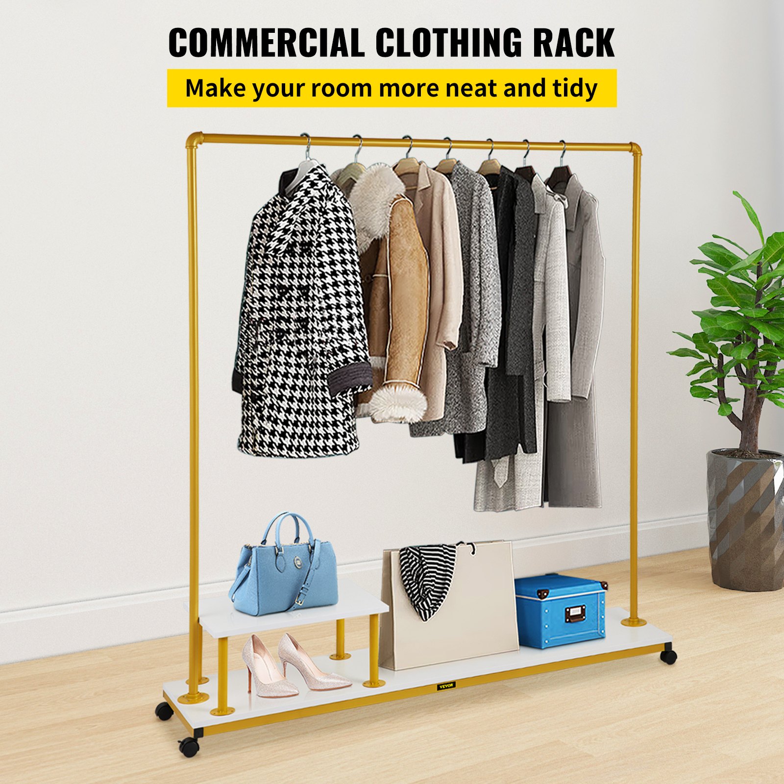 VEVOR clothing garment rack displaying coats, shoes, bags, and a tidy arrangement, enhancing room organization.