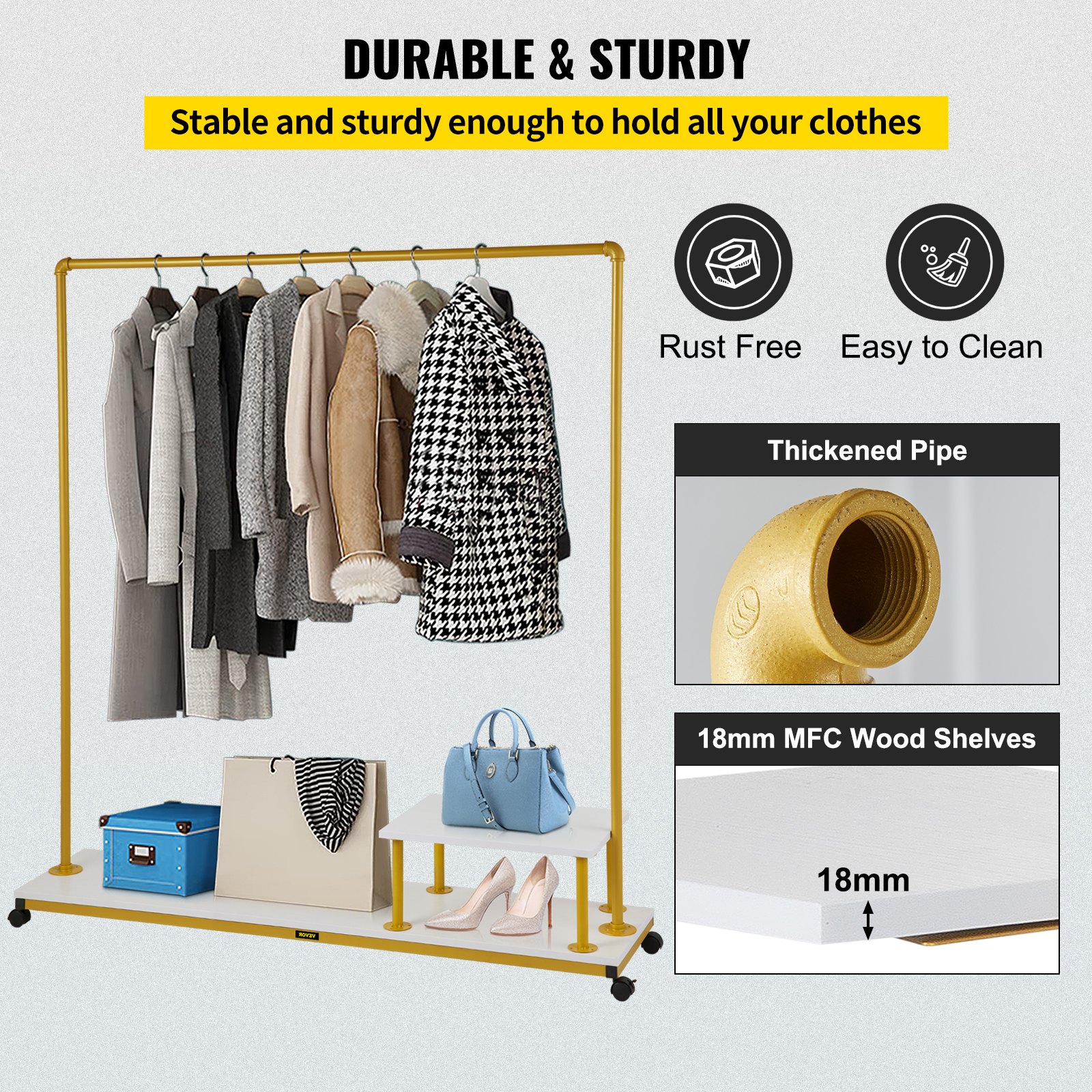 VEVOR clothing garment rack with thickened pipe, 18mm mfc wood shelves, and storage for clothes and accessories.