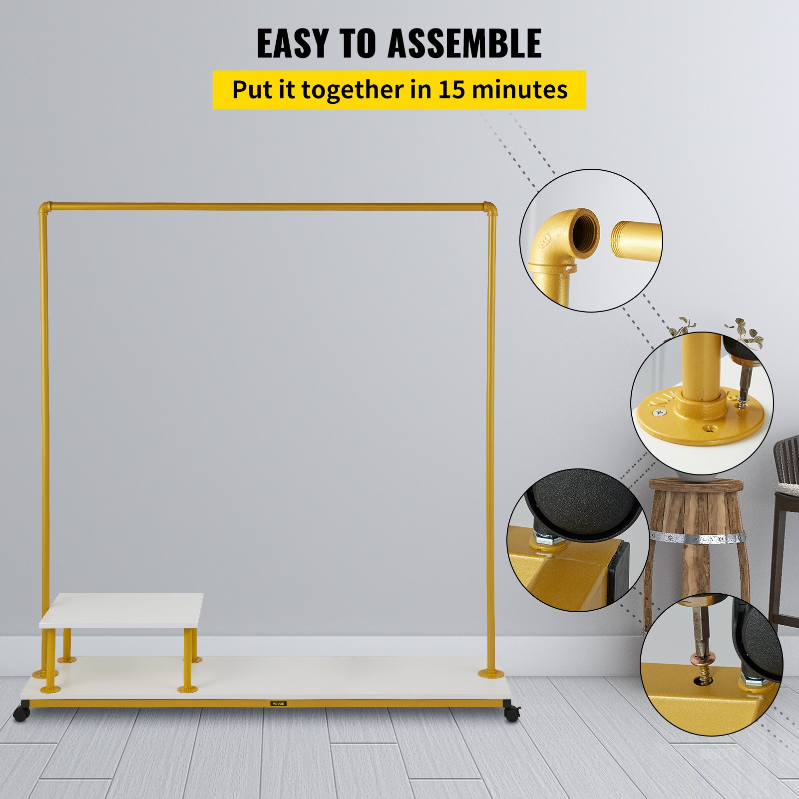 VEVOR clothing garment rack, easy to assemble in 15 minutes, gold frame, white shelf, and rolling wheels.
