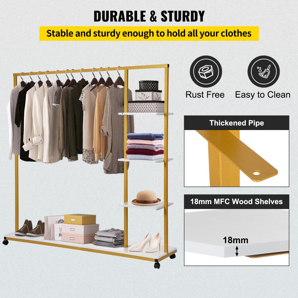 VEVOR Clothing Garment Rack, 180 LBS Capacity, Heavy-duty Clothes Rack w/ Bottom Shelf & Extra 3 Side Shelves, 4 Swivel Casters, Rolling Clothes Organizer for Laundry Room Retail Store Boutique, Gold