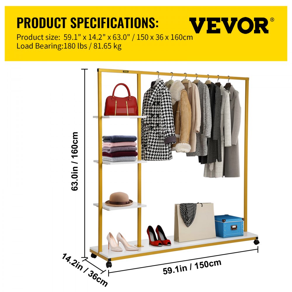 VEVOR Clothing Garment Rack, 180 LBS Capacity, Heavy-duty Clothes Rack w/ Bottom Shelf & Extra 3 Side Shelves, 4 Swivel Casters, Rolling Clothes Organizer for Laundry Room Retail Store Boutique, Gold