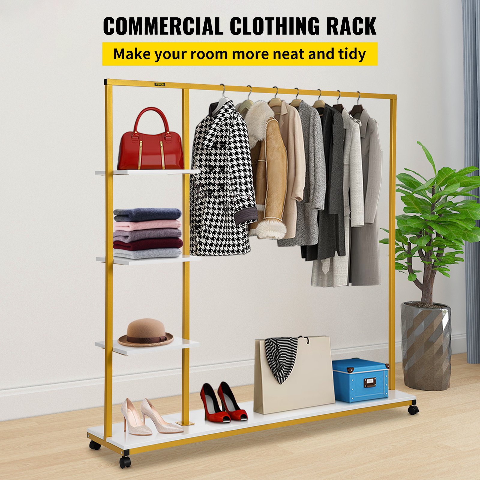 VEVOR Clothing Garment Rack, 180 LBS Capacity, Heavy-duty Clothes Rack w/ Bottom Shelf & Extra 3 Side Shelves, 4 Swivel Casters, Rolling Clothes Organizer for Laundry Room Retail Store Boutique, Gold