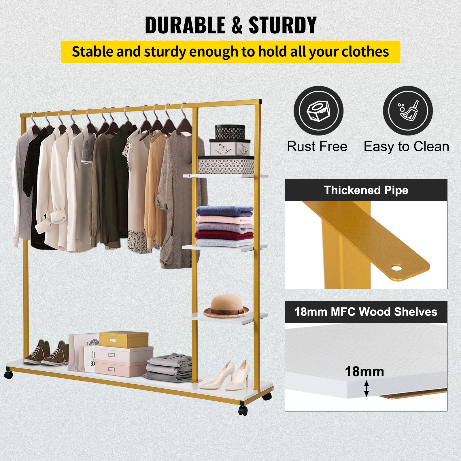 VEVOR Clothing Garment Rack, 180 LBS Capacity, Heavy-duty Clothes Rack w/ Bottom Shelf & Extra 3 Side Shelves, 4 Swivel Casters, Rolling Clothes Organizer for Laundry Room Retail Store Boutique, Gold