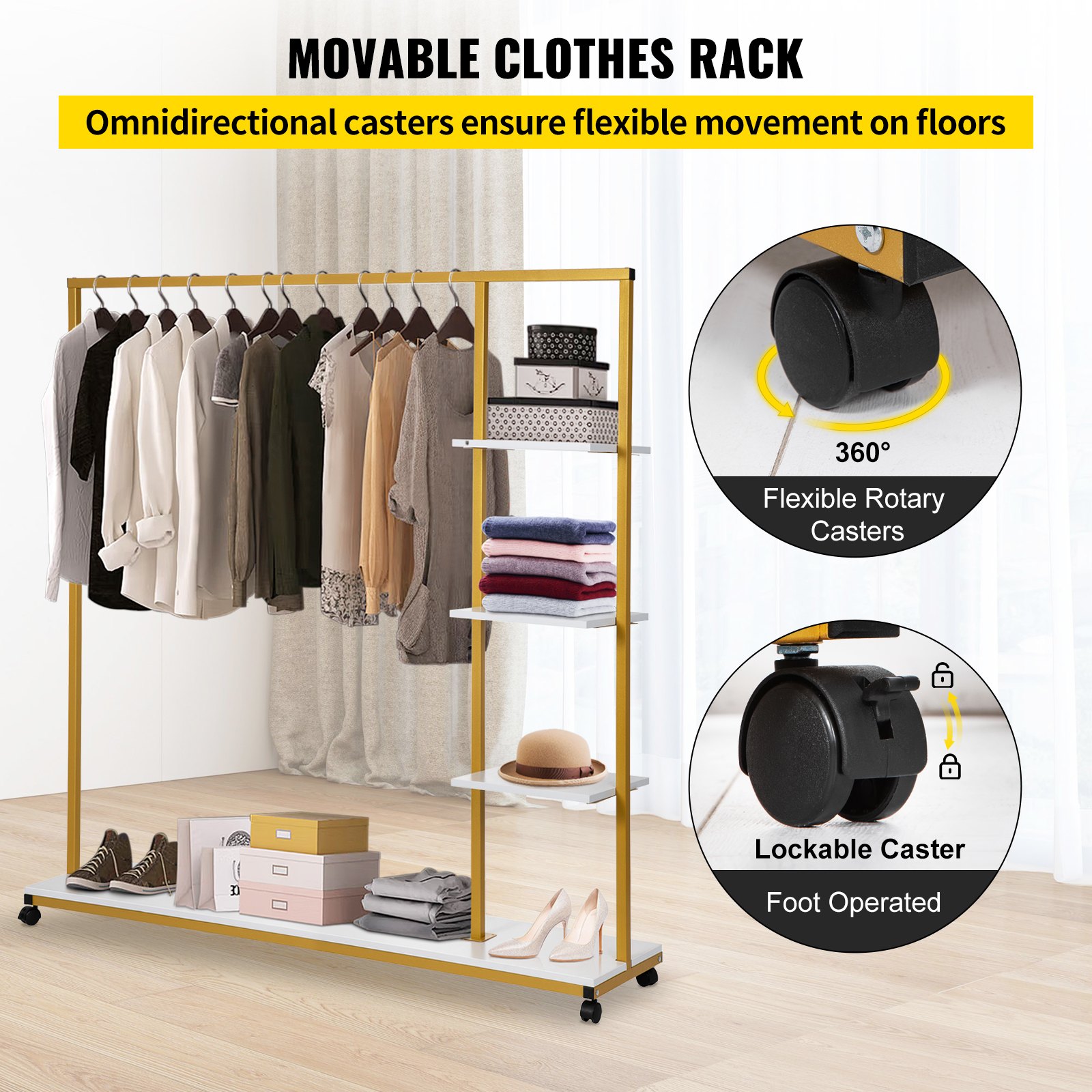 VEVOR Clothing Garment Rack, 180 LBS Capacity, Heavy-duty Clothes Rack w/ Bottom Shelf & Extra 3 Side Shelves, 4 Swivel Casters, Rolling Clothes Organizer for Laundry Room Retail Store Boutique, Gold