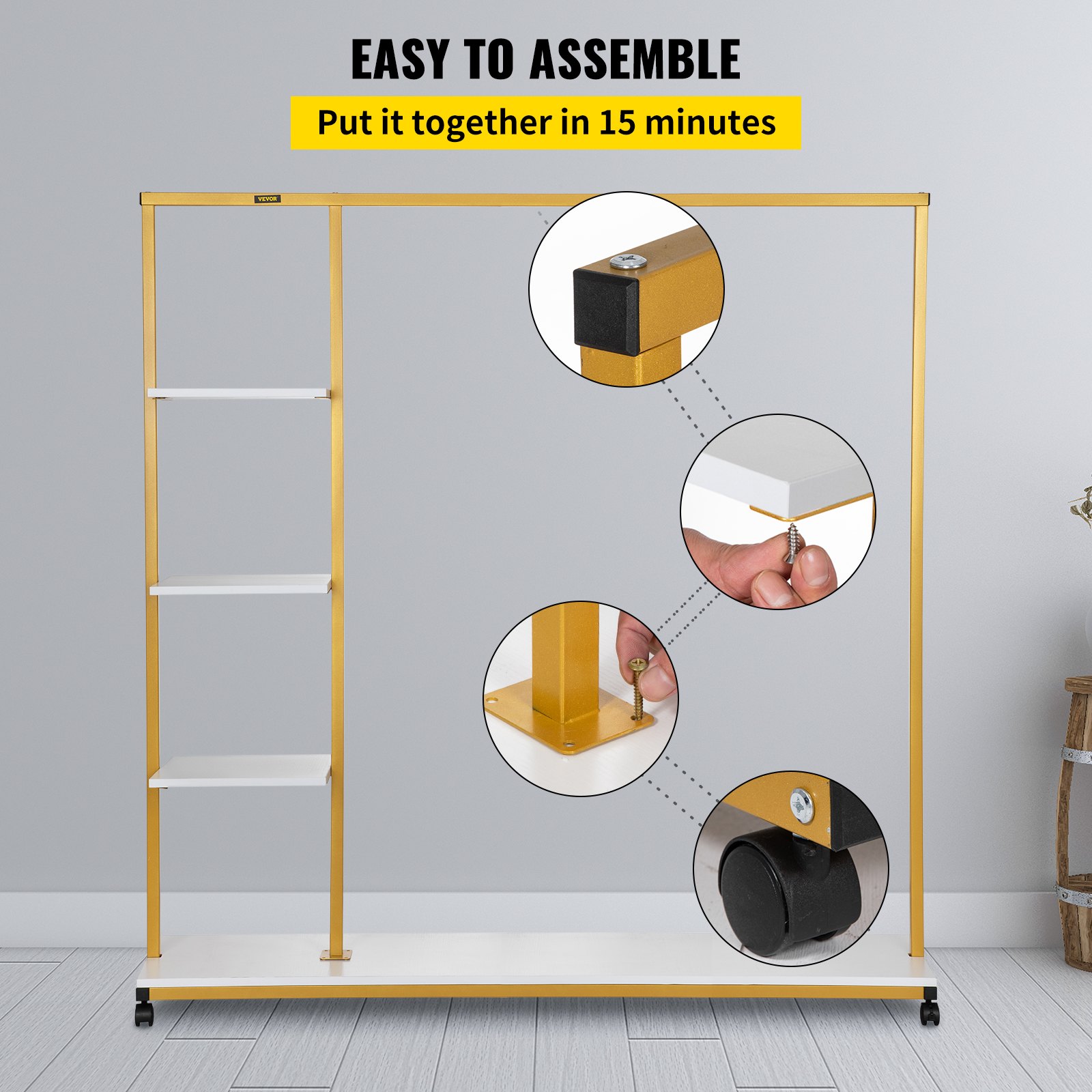 VEVOR Clothing Garment Rack, 180 LBS Capacity, Heavy-duty Clothes Rack w/ Bottom Shelf & Extra 3 Side Shelves, 4 Swivel Casters, Rolling Clothes Organizer for Laundry Room Retail Store Boutique, Gold