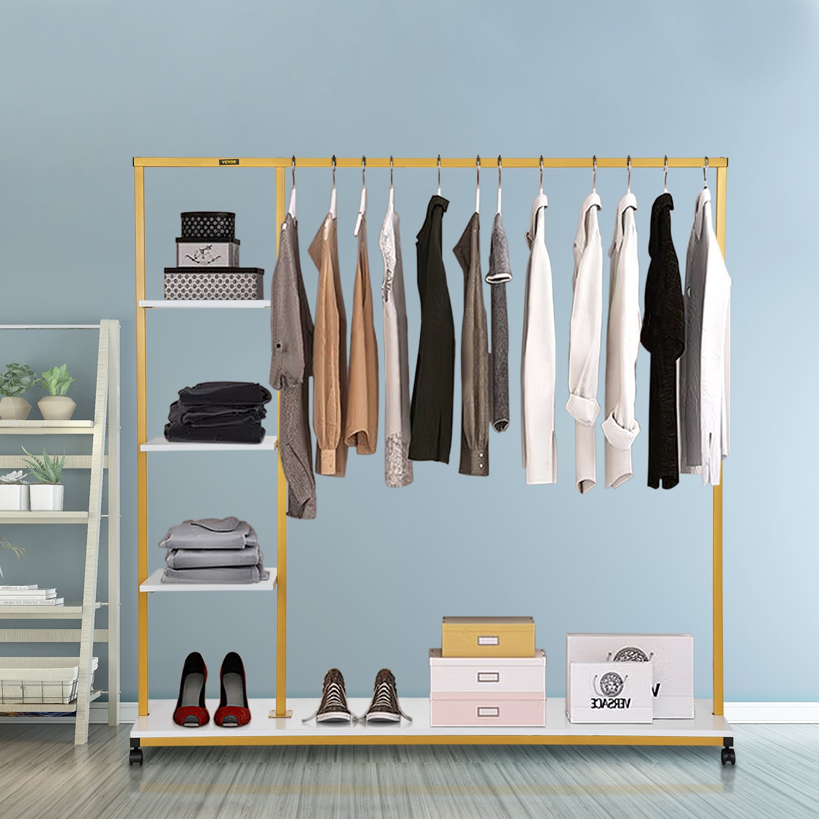VEVOR Clothing Garment Rack, 180 LBS Capacity, Heavy-duty Clothes Rack w/ Bottom Shelf & Extra 3 Side Shelves, 4 Swivel Casters, Rolling Clothes Organizer for Laundry Room Retail Store Boutique, Gold