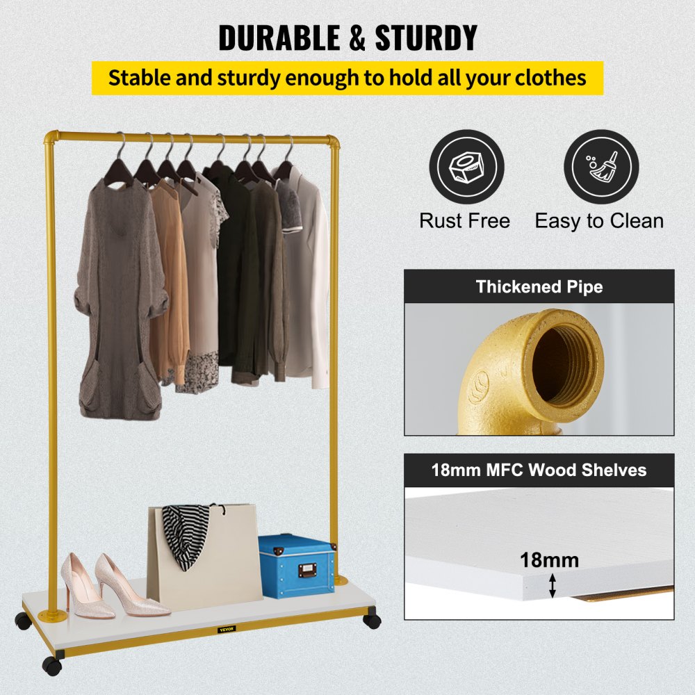 VEVOR clothing garment rack with thickened pipe, 18mm mfc wood shelves, and storage for shoes and boxes.