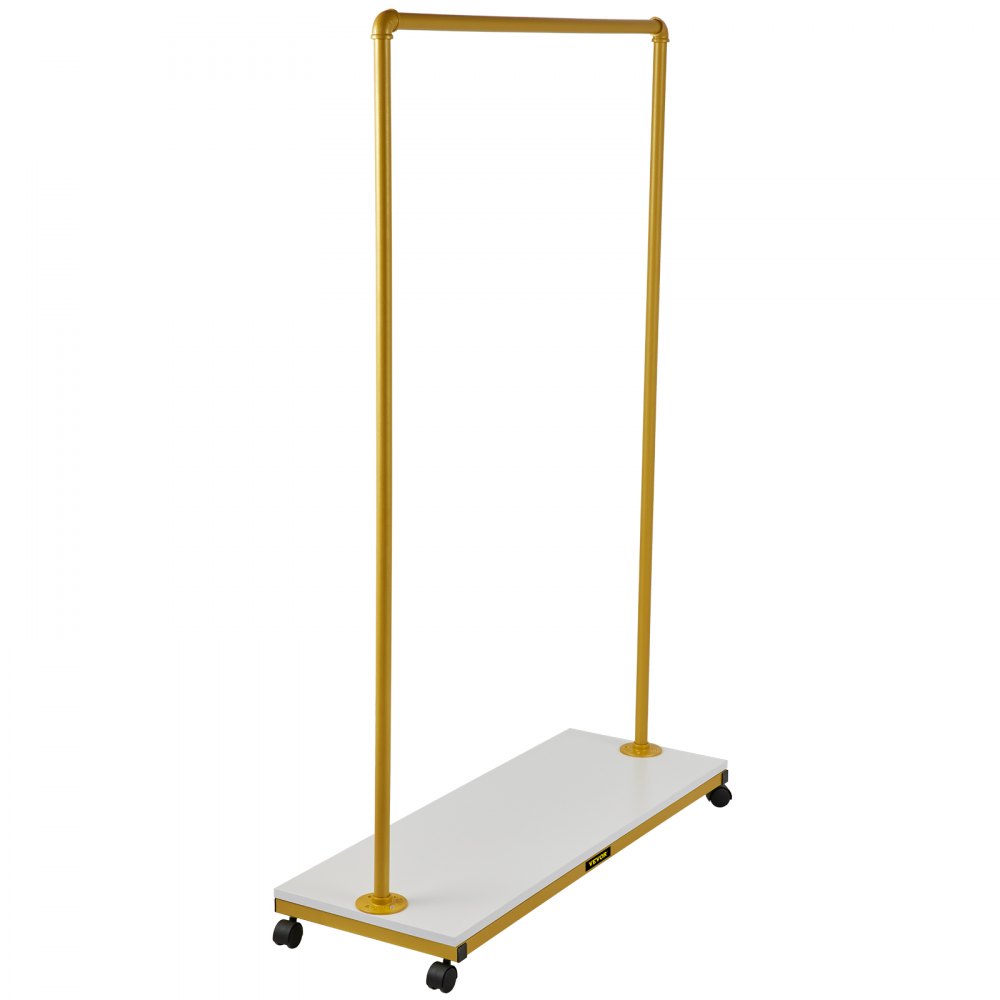 yellow VEVOR clothing garment rack with white base and wheels for easy mobility.