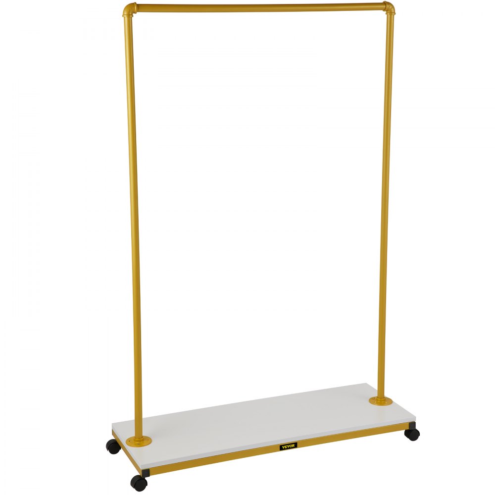 yellow VEVOR clothing garment rack with white base and wheels.