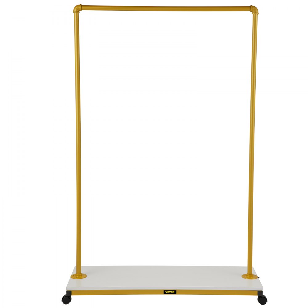 yellow VEVOR clothing garment rack with sturdy base and four wheels for mobility.