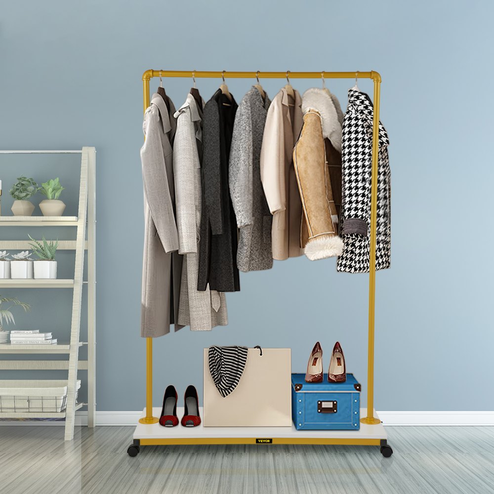 VEVOR Perchero para ropa, 39.4 x 14.2 x 59.1 pulgadas, perchero resistente con estante inferior, 4 ruedas giratorias, marco de acero resistente, organizador de ropa con ruedas para lavandería, tienda minorista, boutique, dorado