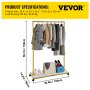 Suport de haine VEVOR, 100 x 36 x 150 cm, Suport de haine rezistent cu poliță inferioară, 4 roți pivotante, cadru robust din oțel, organizator de haine rulant pentru spălătorie magazin magazin cu amănuntul, auriu