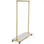 yellow VEVOR clothing garment rack with white base and wheels for easy mobility.
