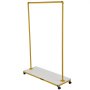 VEVOR clothing garment rack with gold frame and white base on caster wheels.