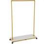 yellow VEVOR clothing garment rack with white base and wheels.