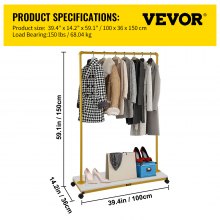 VEVOR Clothing Garment Rack, 39.4"x14.2"x59.1", Heavy-Duty Clothes Rack w/Bottom Shelf, 4 Swivel Casters, Sturdy Steel Frame, Rolling Clothes Organizer for Laundry Room Retail Store Boutique, Gold