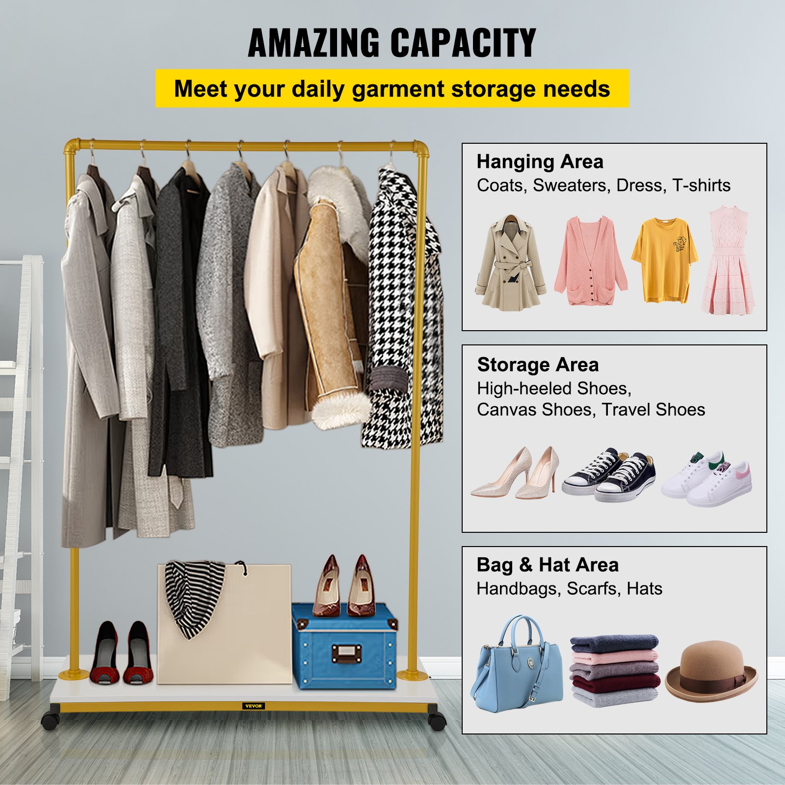 VEVOR clothing garment rack with coats, jackets, shoes, bags, and hats neatly organized on shelves.