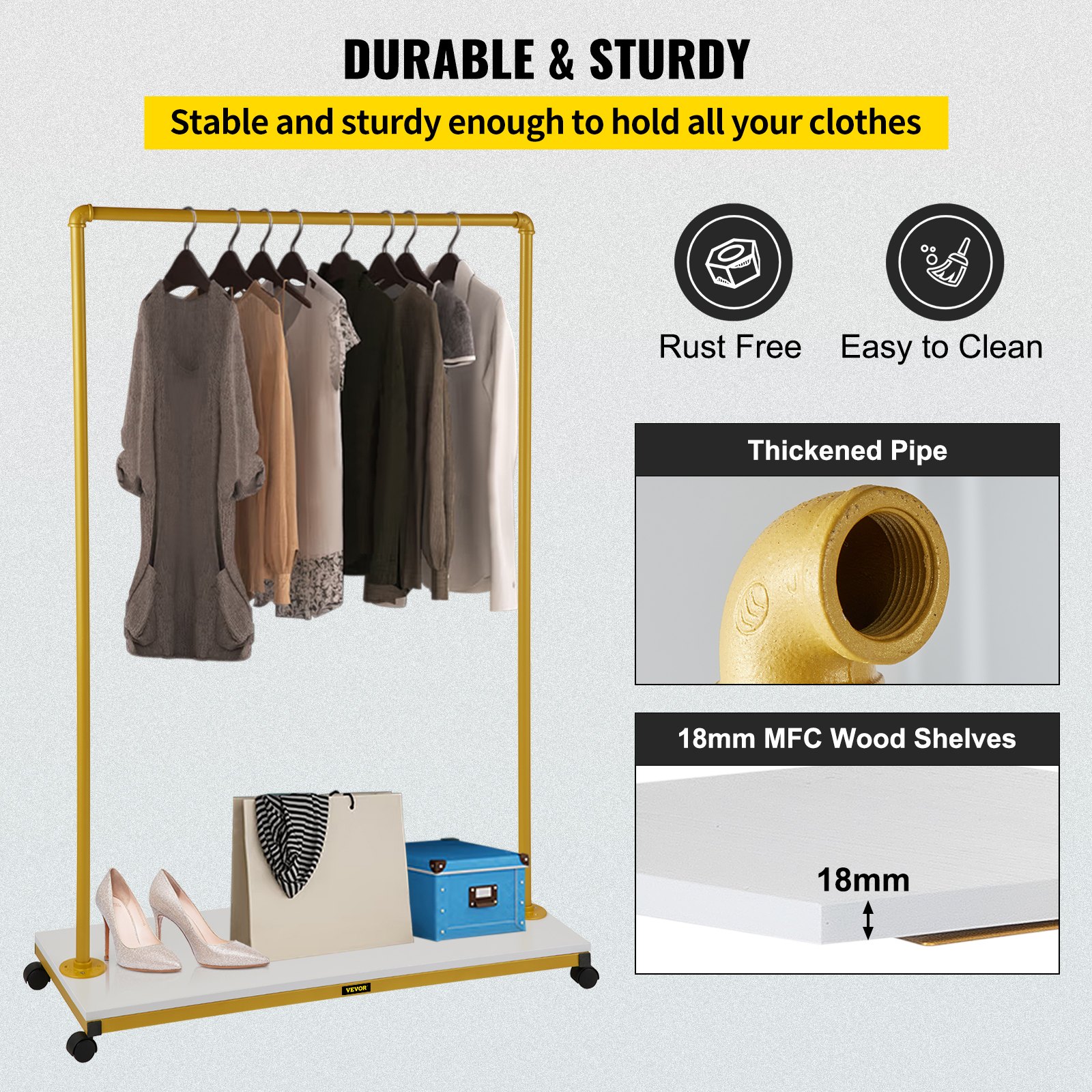 VEVOR clothing garment rack with thickened pipe, 18mm mfc wood shelves, and storage for shoes and boxes.