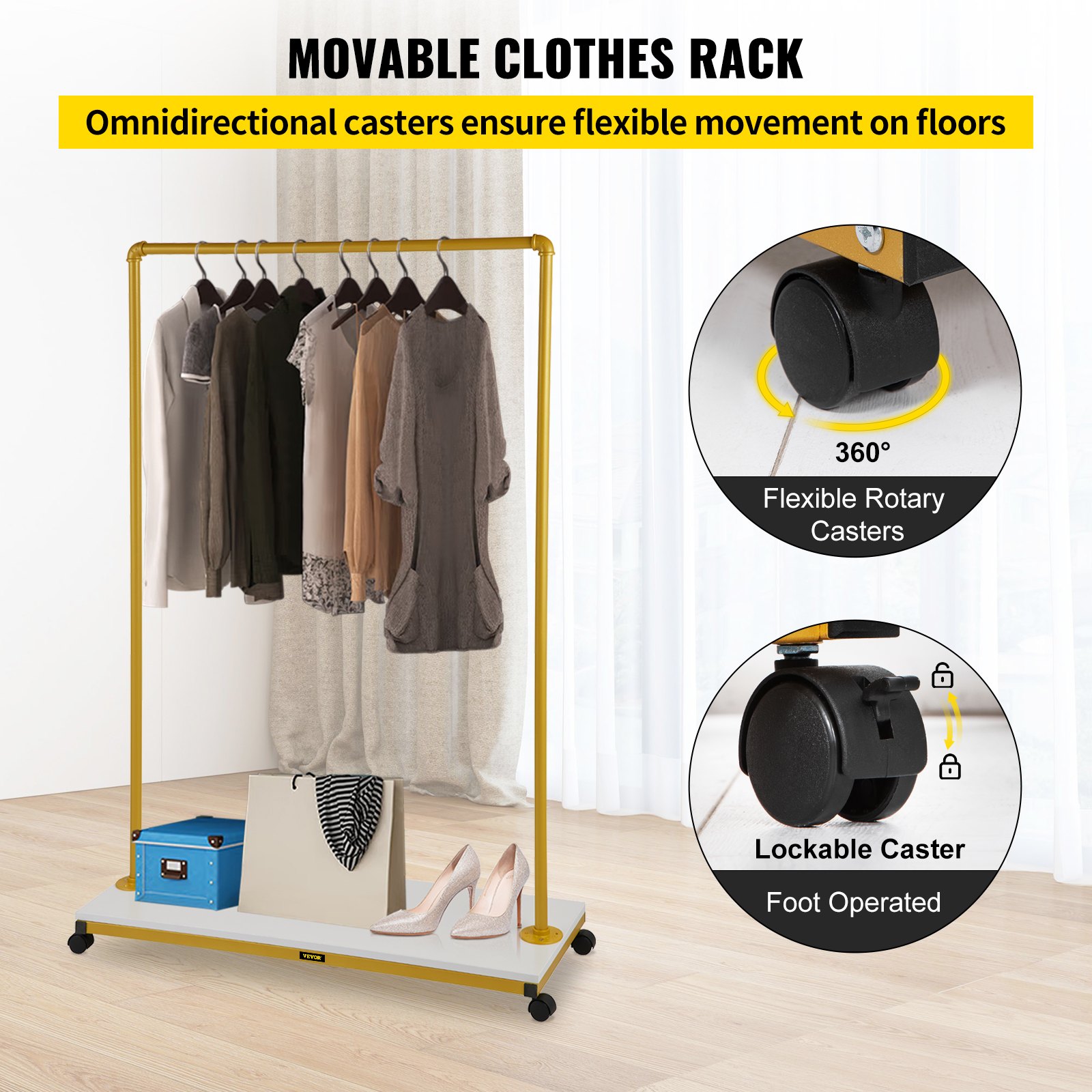 VEVOR clothing garment rack with clothes, footwear, and boxes, featuring 360° rotary and lockable casters.