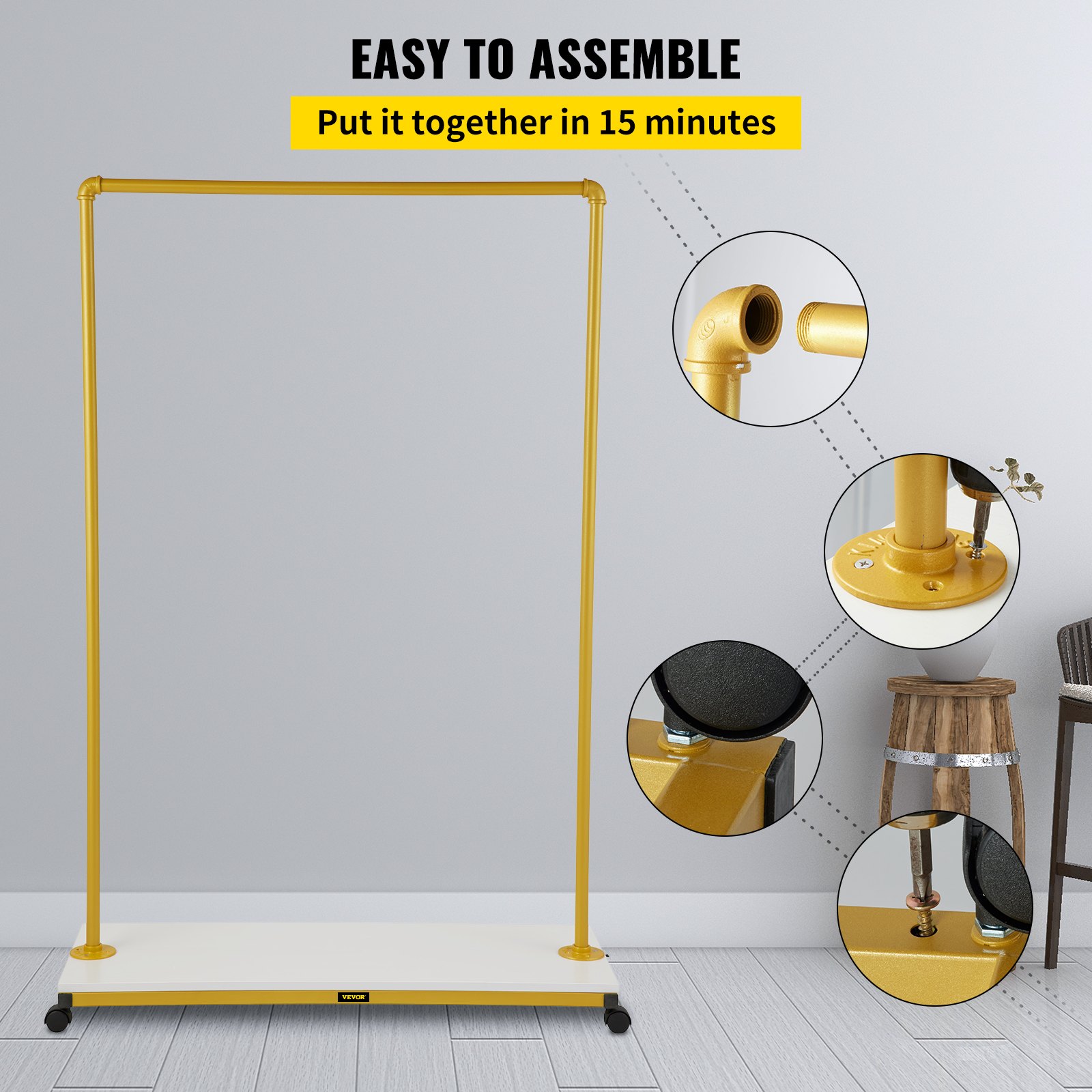yellow VEVOR clothing garment rack, easy to assemble, sturdy base, and detailed construction parts.