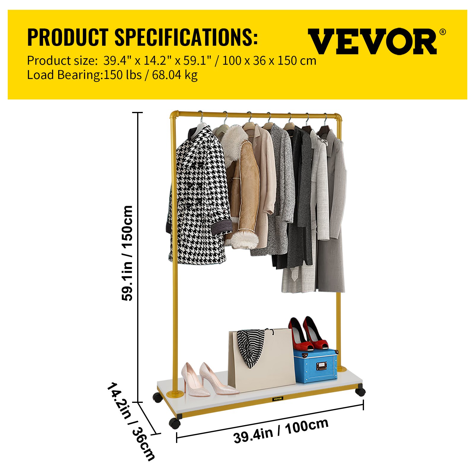 VEVOR clothing garment rack with clothes and accessories on a yellow rack, size 39.4&quot; x 14.2&quot; x 59.1&quot;.