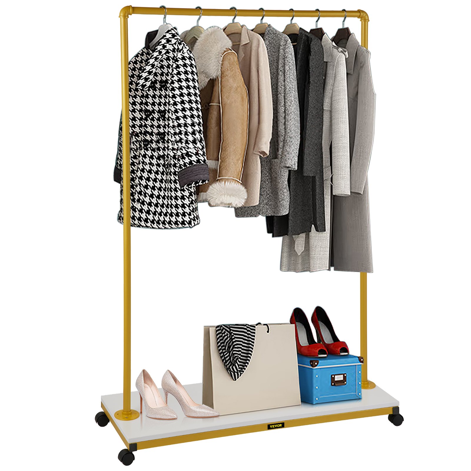 VEVOR Clothing Garment Rack, 100 x 36 x 150 cm, Heavy-duty Clothes Rack w/ Bottom Shelf, 4 Swivel Casters, Sturdy Steel Frame, Rolling Clothes Organizer for Laundry Room Retail Store Boutique, Gold