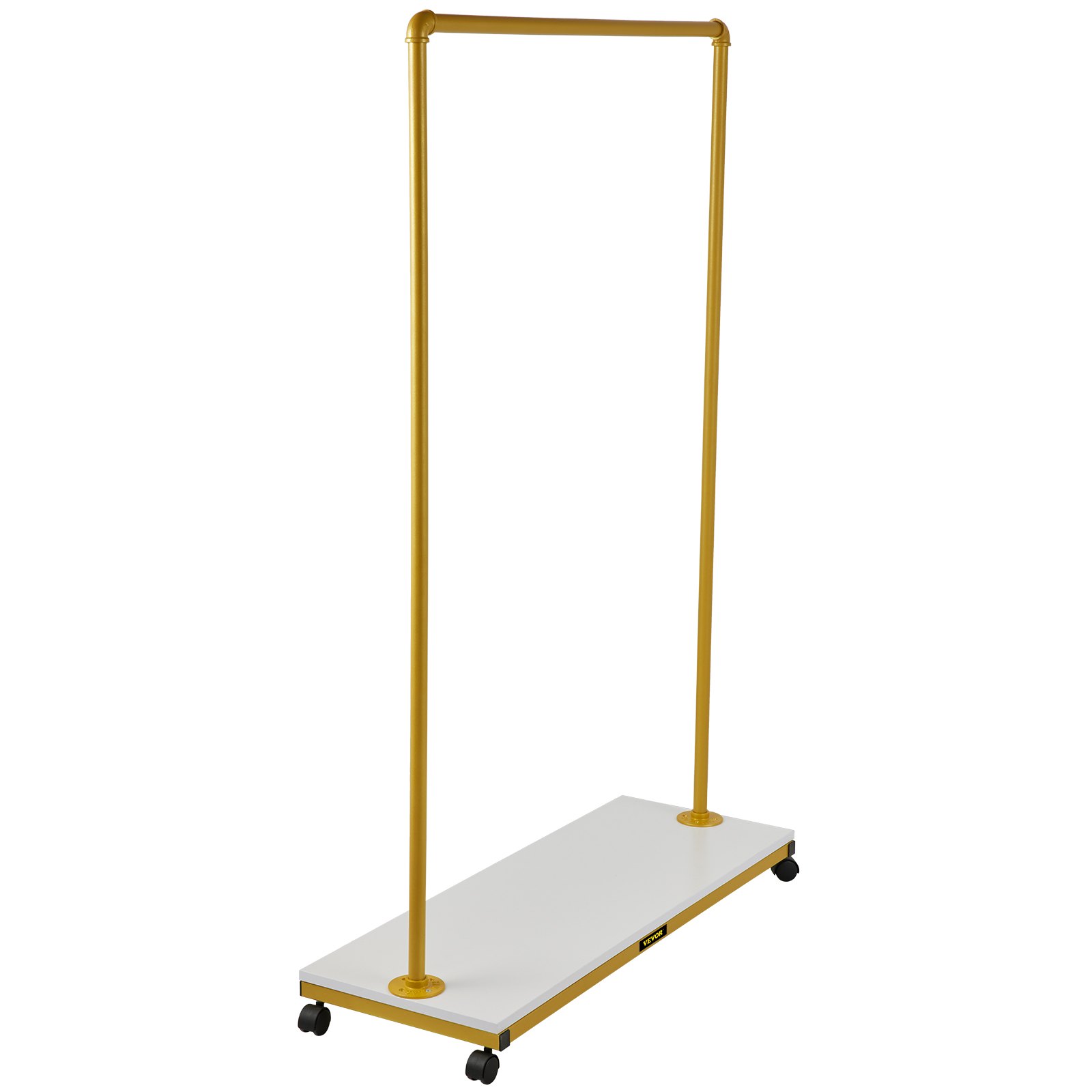yellow VEVOR clothing garment rack with white base and wheels for easy mobility.