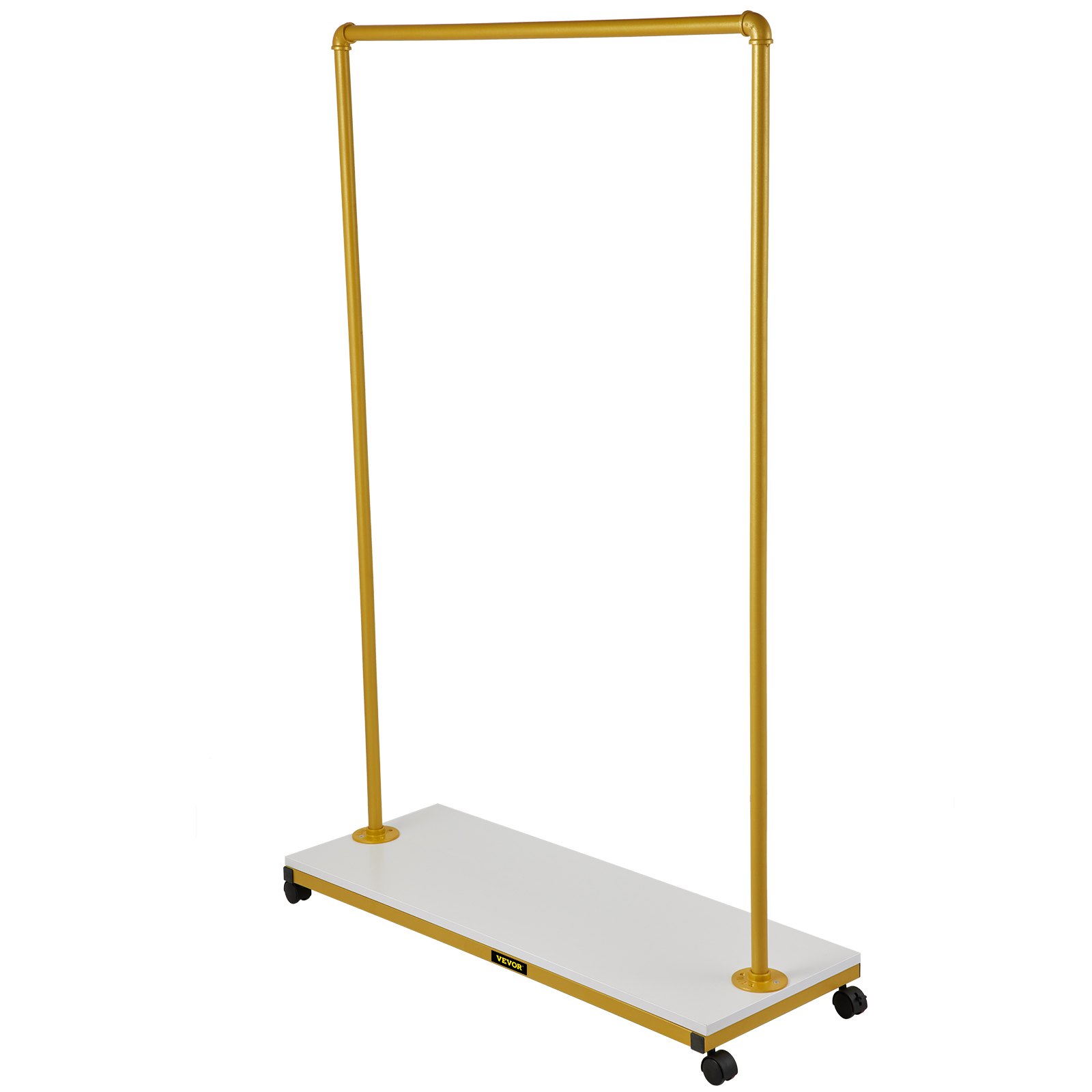 VEVOR clothing garment rack with gold frame and white base on caster wheels.