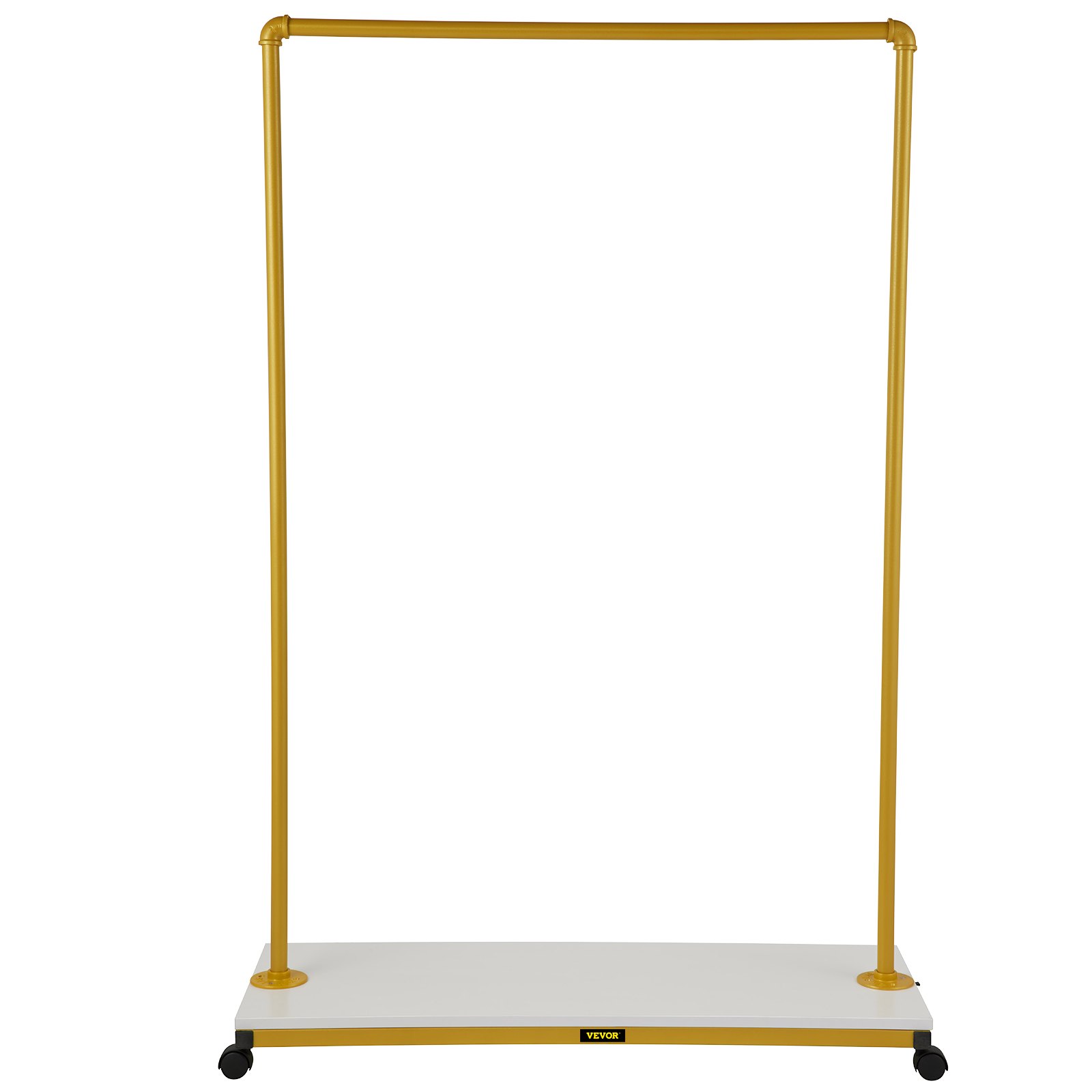 yellow VEVOR clothing garment rack with sturdy base and four wheels for mobility.
