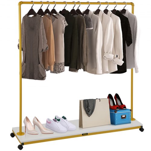 VEVOR Clothing Garment Rack, 59.1" x 14.2" x 63", Heavy-Duty Clothes Rack w/Bottom Shelf, 4 Swivel Casters, Sturdy Steel Frame, Rolling Clothes Organizer for Laundry Room Retail Store Boutique, Gold