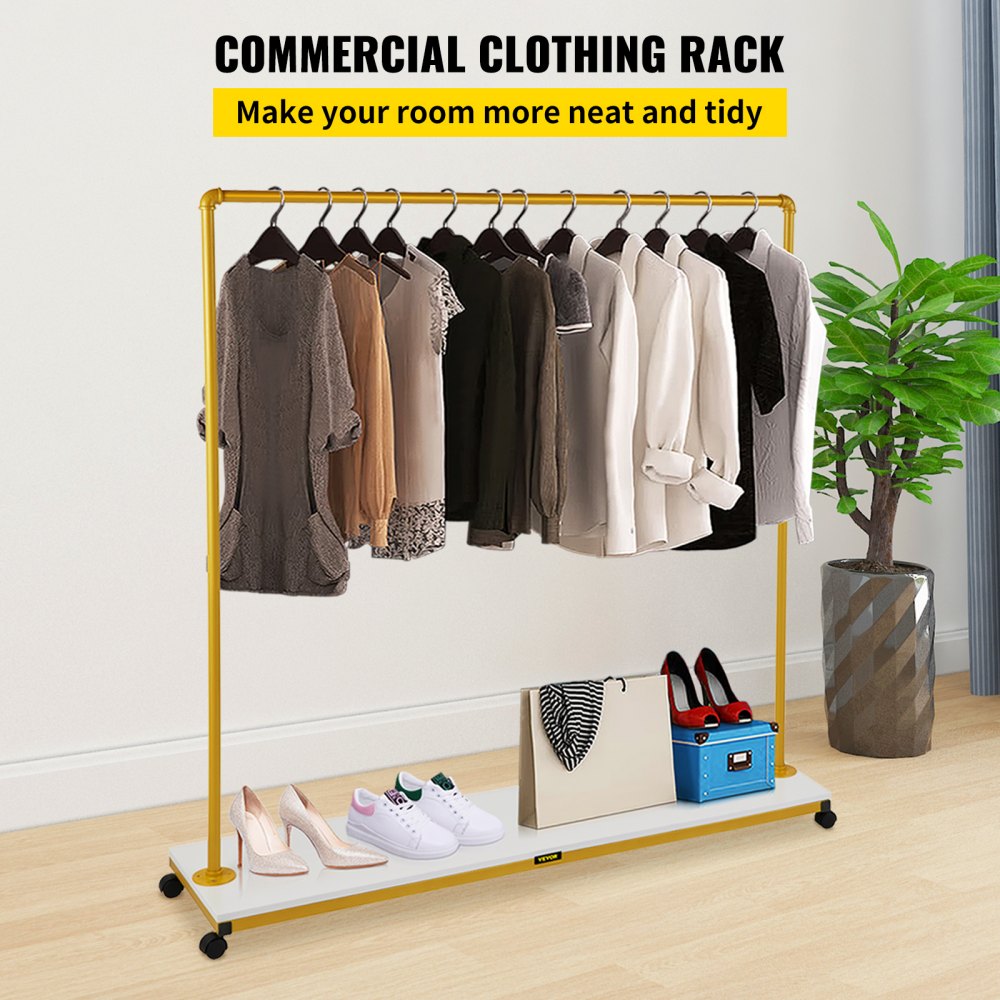 VEVOR Clothing Garment Rack, 59.1 x 14.2 x 63, Heavy-Duty Clothes Rack  w/Bottom Shelf, 4 Swivel Casters, Sturdy Steel Frame, Rolling Clothes  Organizer for Laundry Room Retail Store Boutique, Gold