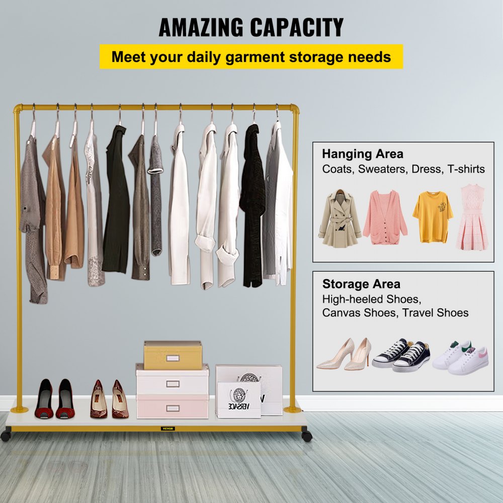 VEVOR Clothing Garment Rack, 59.1" x 14.2" x 63", Heavy-Duty Clothes Rack w/Bottom Shelf, 4 Swivel Casters, Sturdy Steel Frame, Rolling Clothes Organizer for Laundry Room Retail Store Boutique, Gold