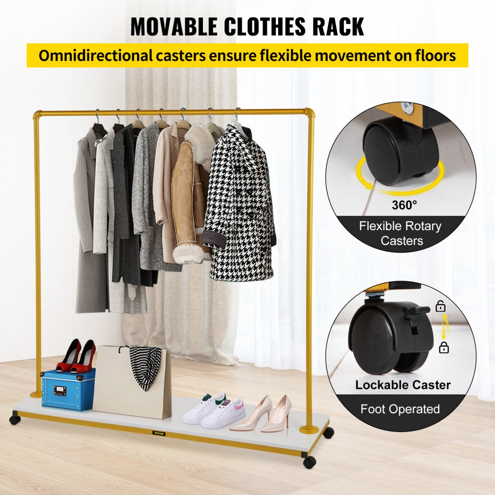 VEVOR Clothing Garment Rack, 59.1" x 14.2" x 63", Heavy-Duty Clothes Rack w/Bottom Shelf, 4 Swivel Casters, Sturdy Steel Frame, Rolling Clothes Organizer for Laundry Room Retail Store Boutique, Gold