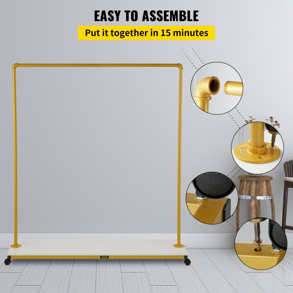 VEVOR Clothing Garment Rack, 59.1" x 14.2" x 63", Heavy-Duty Clothes Rack w/Bottom Shelf, 4 Swivel Casters, Sturdy Steel Frame, Rolling Clothes Organizer for Laundry Room Retail Store Boutique, Gold