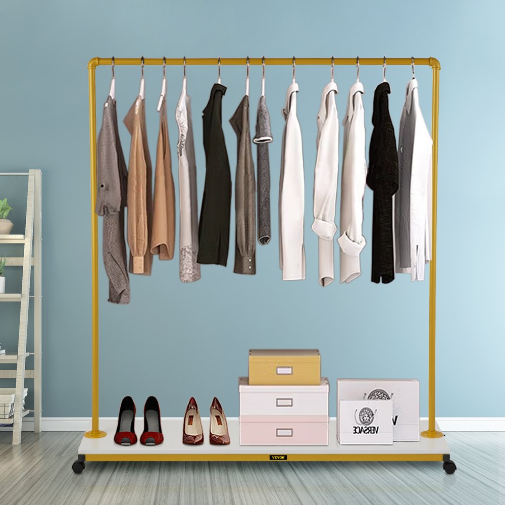 VEVOR Clothing Garment Rack, 59.1" x 14.2" x 63", Heavy-Duty Clothes Rack w/Bottom Shelf, 4 Swivel Casters, Sturdy Steel Frame, Rolling Clothes Organizer for Laundry Room Retail Store Boutique, Gold