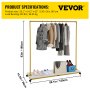 VEVOR Clothing Garment Rack, 59.1" x 14.2" x 63", Heavy-Duty Clothes Rack w/Bottom Shelf, 4 Swivel Casters, Sturdy Steel Frame, Rolling Clothes Organizer for Laundry Room Retail Store Boutique, Gold