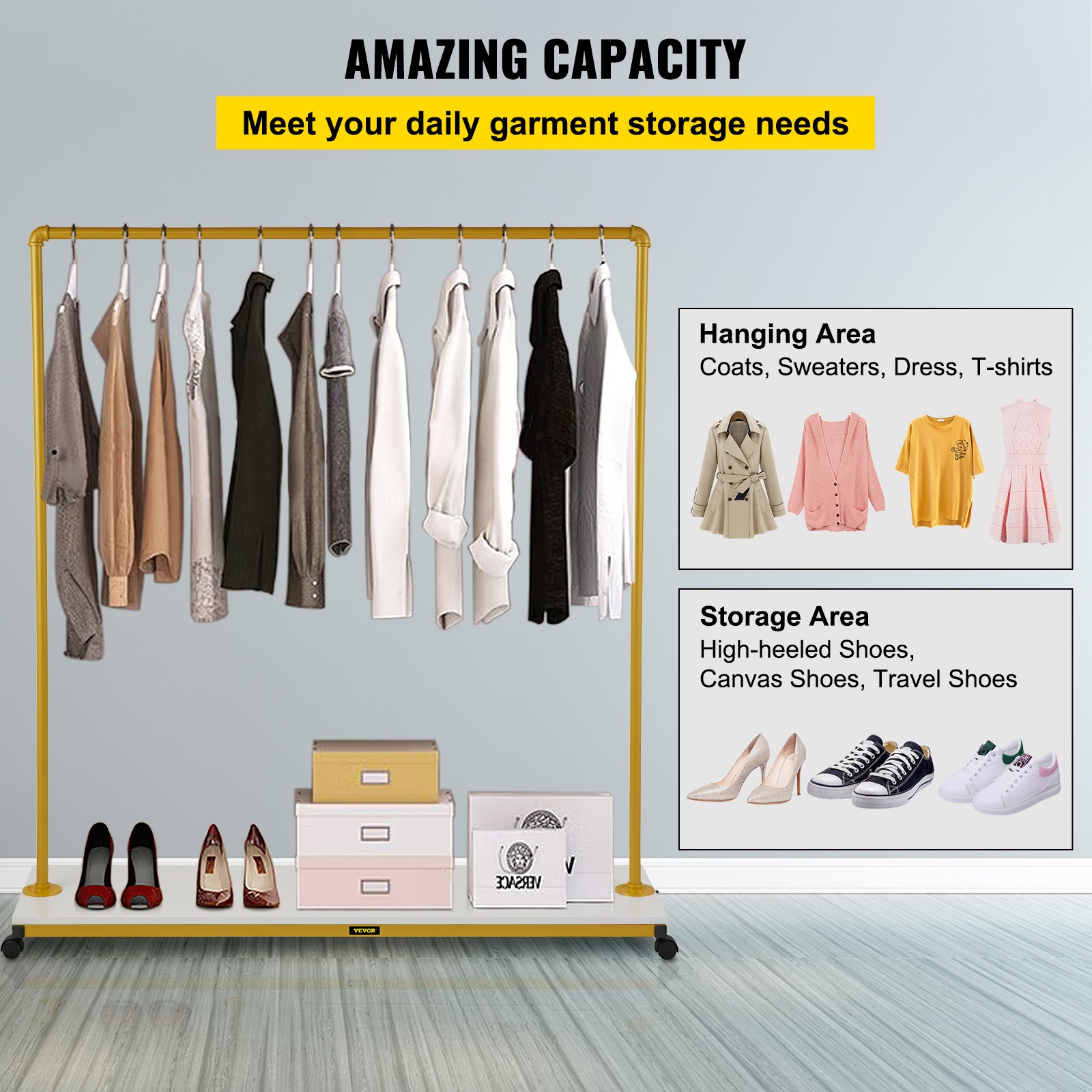 VEVOR Clothing Garment Rack, 150 x 36 x 160 cm, Heavy-duty Clothes Rack w/ Bottom Shelf, 4 Swivel Casters, Sturdy Steel Frame, Rolling Clothes Organizer for Laundry Room Retail Store Boutique, Gold
