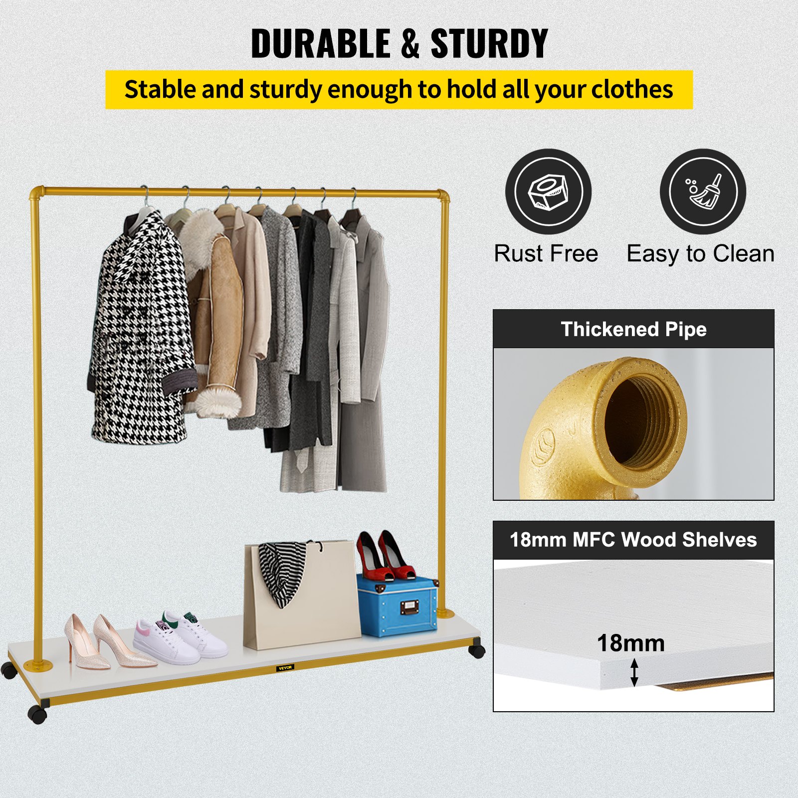 VEVOR Clothing Garment Rack, 150 x 36 x 160 cm, Heavy-duty Clothes Rack w/ Bottom Shelf, 4 Swivel Casters, Sturdy Steel Frame, Rolling Clothes Organizer for Laundry Room Retail Store Boutique, Gold