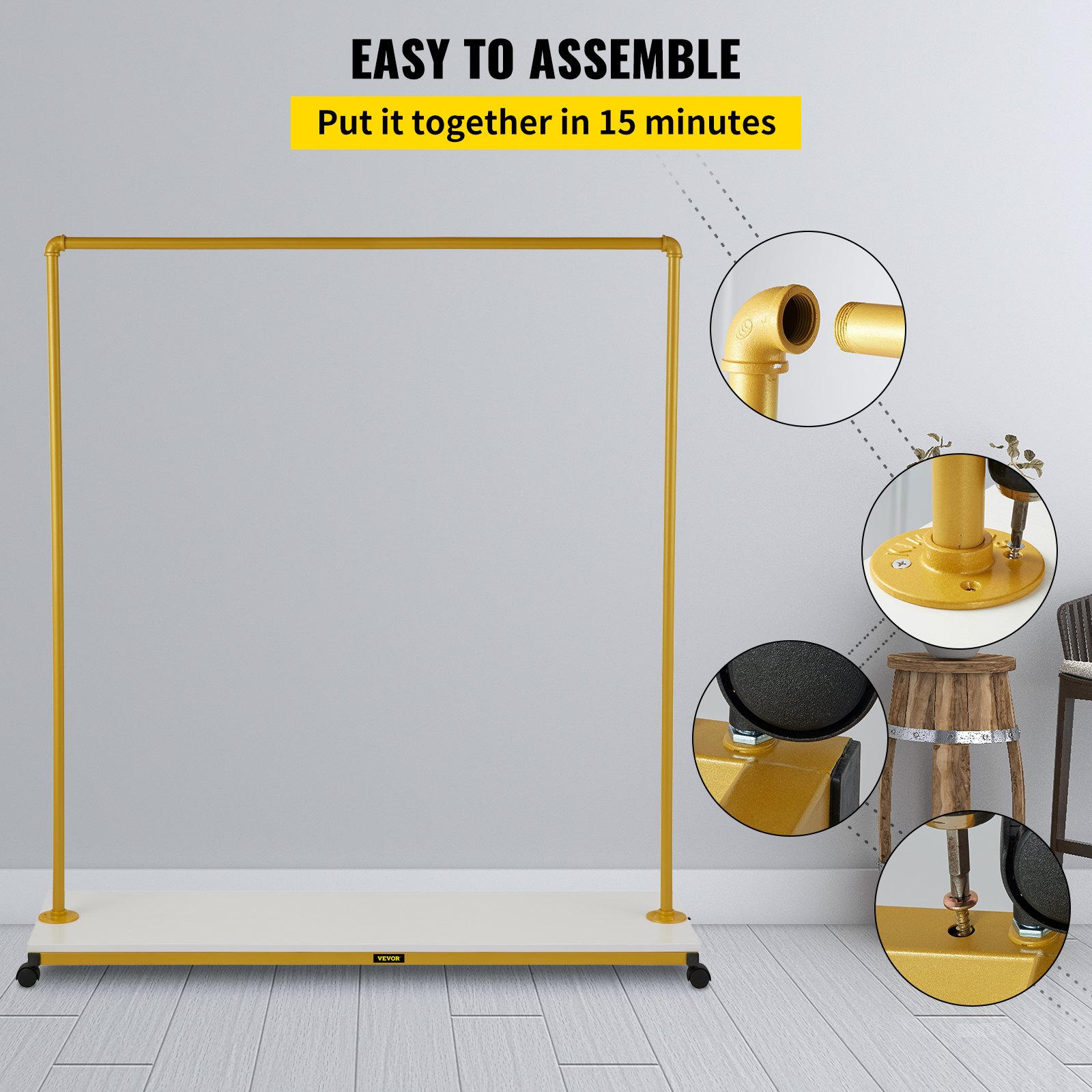 VEVOR Clothing Garment Rack, 150 x 36 x 160 cm, Heavy-duty Clothes Rack w/ Bottom Shelf, 4 Swivel Casters, Sturdy Steel Frame, Rolling Clothes Organizer for Laundry Room Retail Store Boutique, Gold