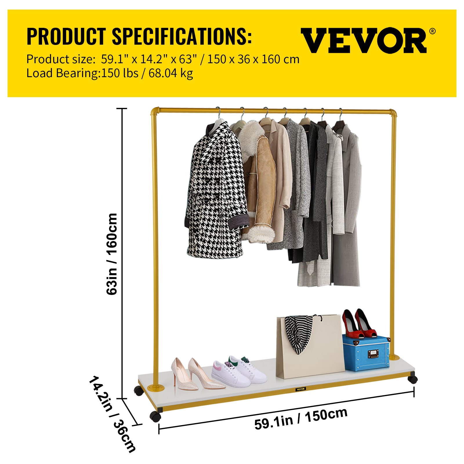 VEVOR Clothing Garment Rack, 150 x 36 x 160 cm, Heavy-duty Clothes Rack w/ Bottom Shelf, 4 Swivel Casters, Sturdy Steel Frame, Rolling Clothes Organizer for Laundry Room Retail Store Boutique, Gold