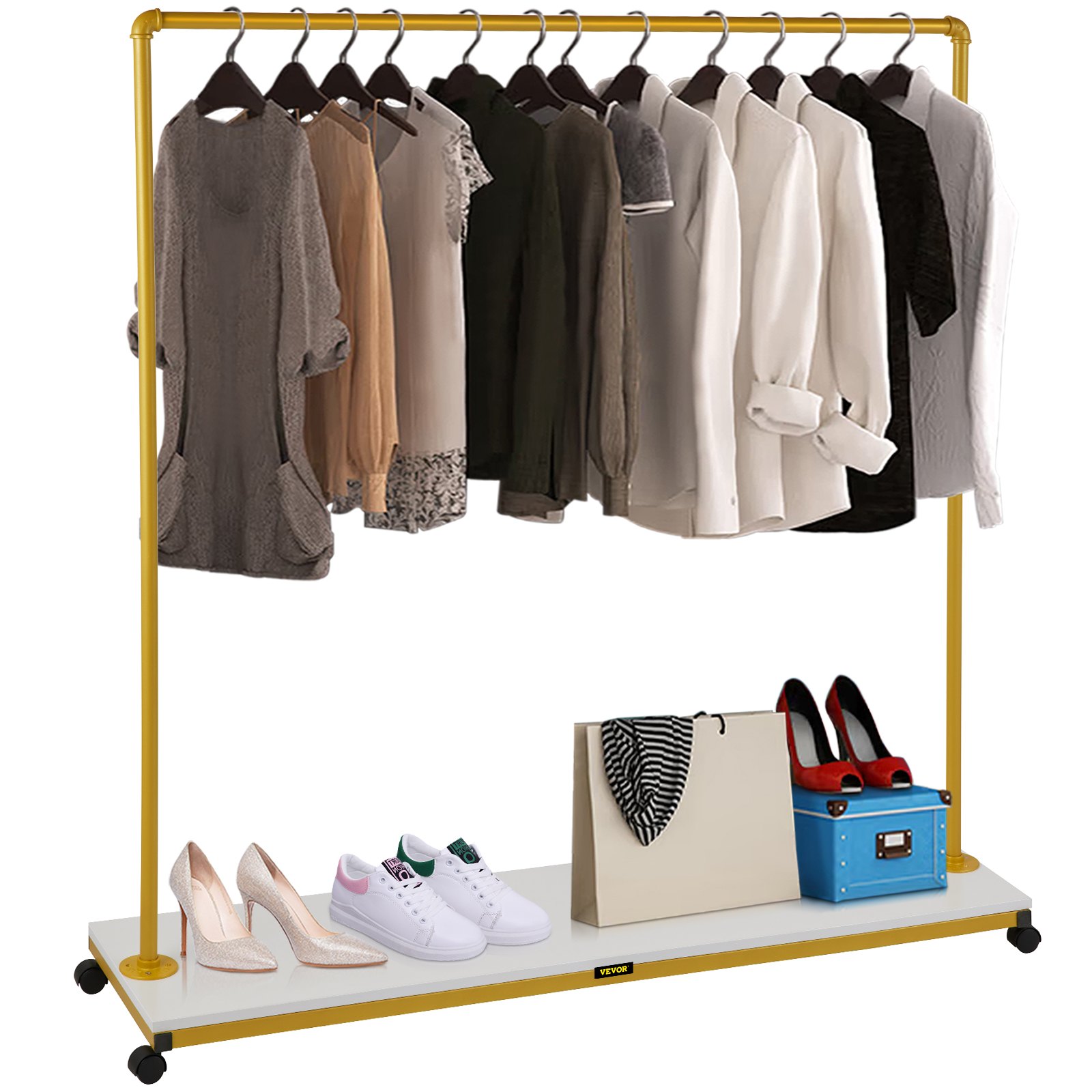 VEVOR Clothing Garment Rack, 150 x 36 x 160 cm, Heavy-duty Clothes Rack w/ Bottom Shelf, 4 Swivel Casters, Sturdy Steel Frame, Rolling Clothes Organizer for Laundry Room Retail Store Boutique, Gold