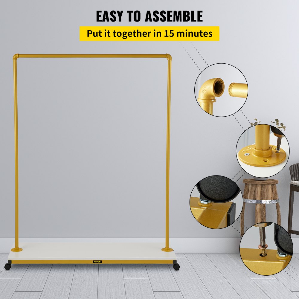 VEVOR Clothing Garment Rack, 120 x 36 x 160 cm, Heavy-duty Clothes Rack w/ Bottom Shelf, 4 Swivel Casters, Sturdy Steel Frame, Rolling Clothes Organizer for Laundry Room Retail Store Boutique, Gold
