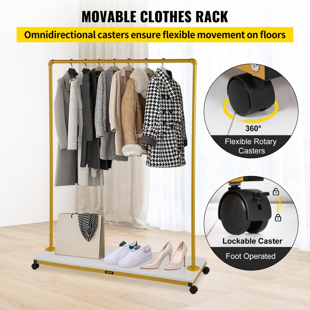 VEVOR Perchero para ropa, 47.2 x 14.2 x 63.0 pulgadas, perchero resistente con estante inferior, 4 ruedas giratorias, marco de acero resistente, organizador de ropa con ruedas para lavandería, tienda minorista, boutique, dorado